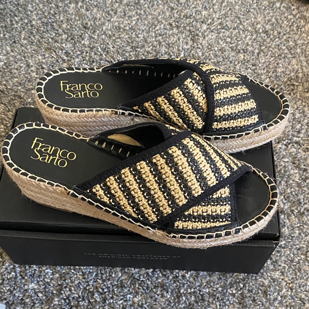 Franco Sarto Black and Tan Striped Espadrille Slides